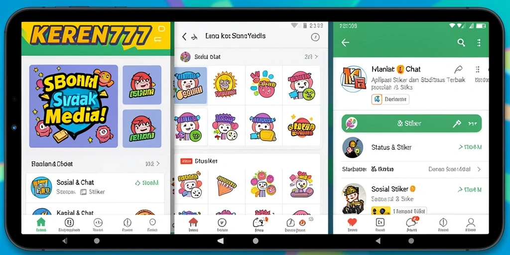 Antarmuka KEREN777 menampilkan pilihan stiker dan status yang beragam.